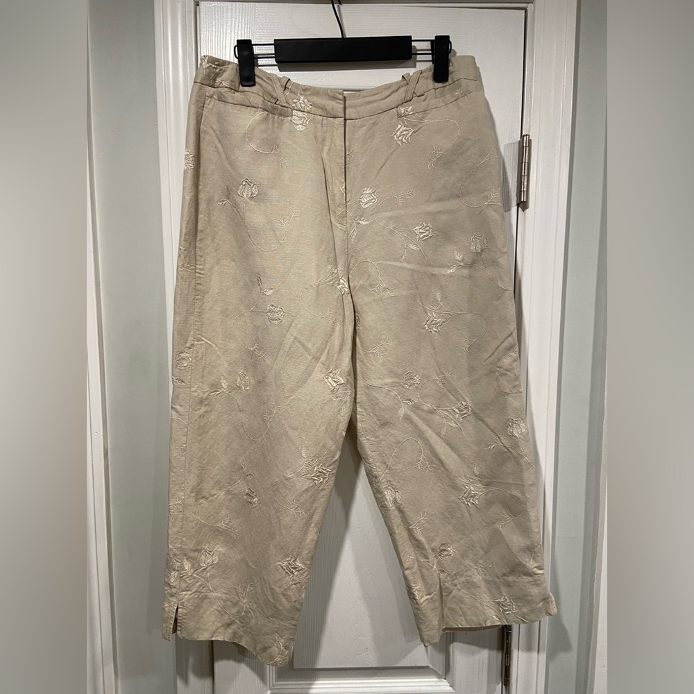 Briggs New York Size 14 Embroidered Linen Lined Cropped Split Hem Chino Pants